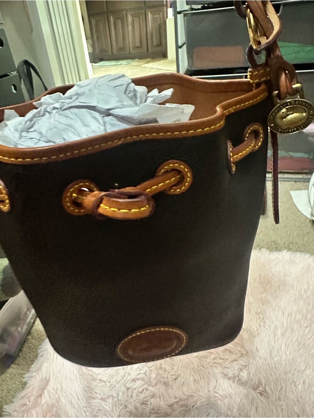 Dooney & Bourke Black Pebbled Leather Bucket Crossbody with Brown Trim - Picture 15 of 16